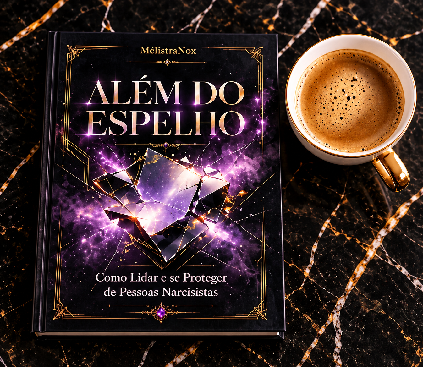 Livro Além do Espelho sobre uma mesa, ao lado de uma xícara de café